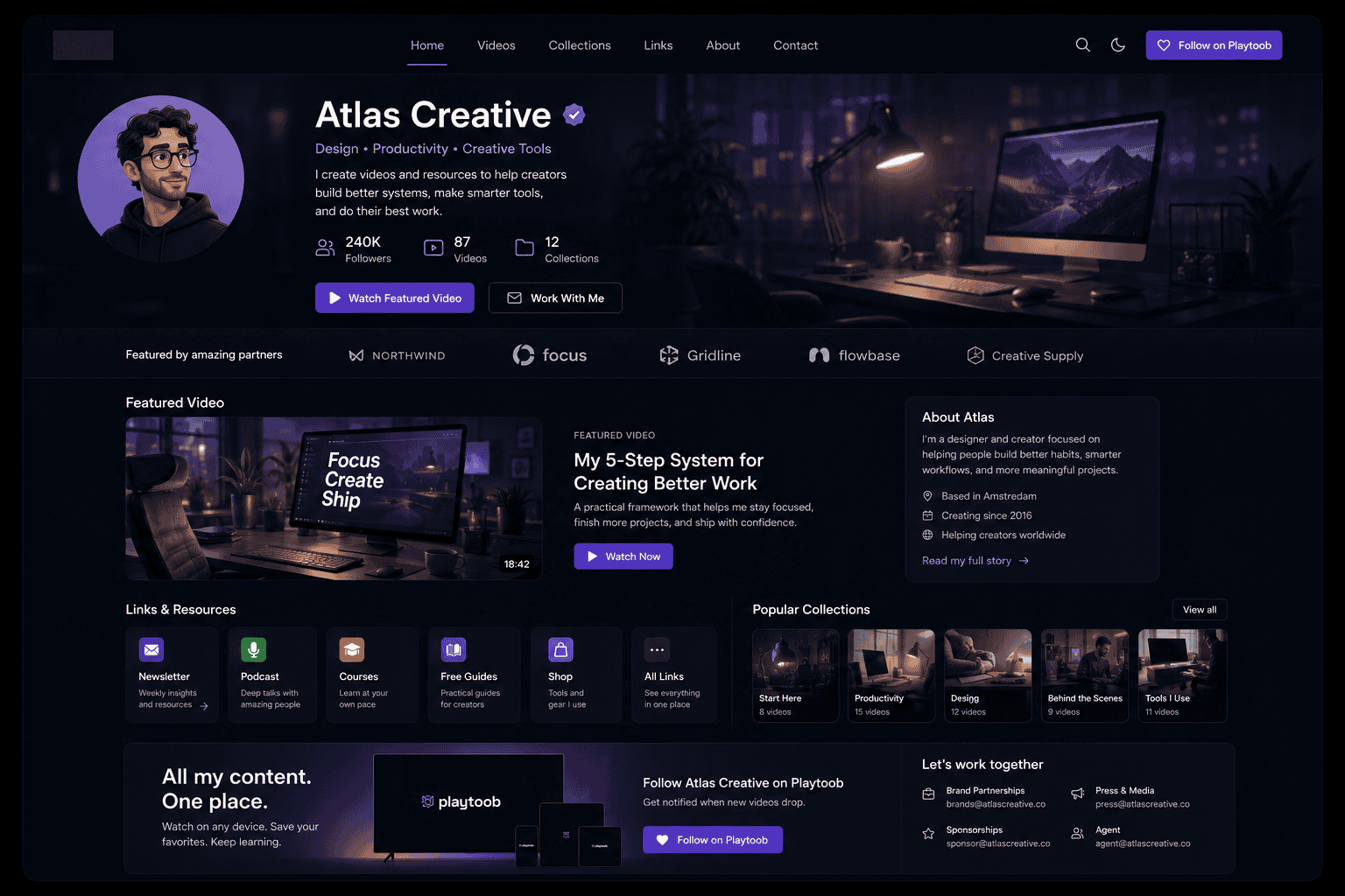Playtoob public creator page shown in a browser mockup